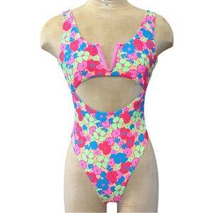 Heat Swimwear One Piece Swimsuit V-front Cut Out Tropical Floral S Small New